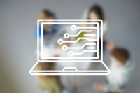 White icon of a laptop with stylized contacts. In the background, blurred, a group of people discussing