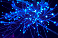 ein Bündel blau erleuchteter Lichtleiterkabel vor schwarzem Hintergrund