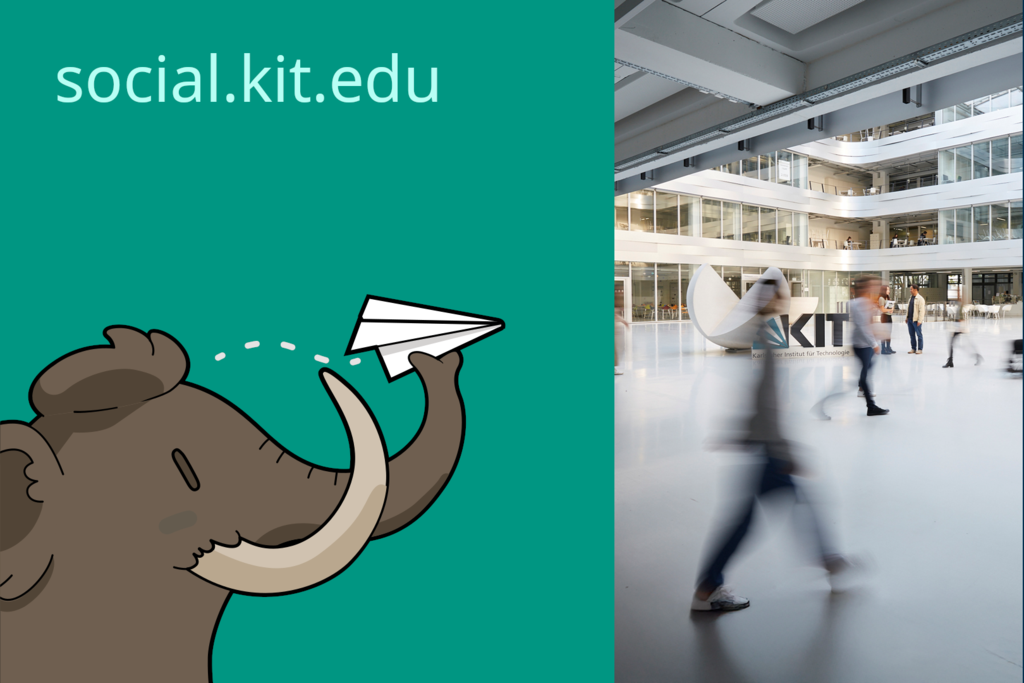 EIn gezeichnetes Mammut wirft einen Papierflieger. Im Hintergrund der Schriftzug social.kit.edu und ein verschwommenes Foto mit laufenden Menschen in einem Gebäude des KIT