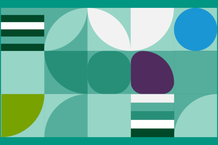Abstraktes geometrisches Muster mit Kreisen, Halbkreisen und Streifen in Grün- und Blautönen.