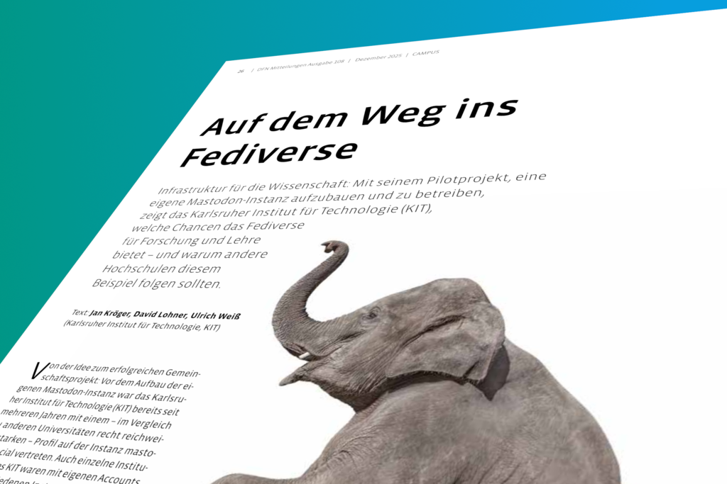 Ausriss der ersten Seite des Beitrags mit dem Titel "Auf dem Weg ins Fediverse" und der Illustration eines Elefanten