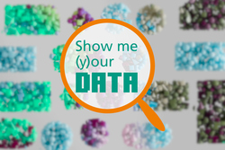 illustration of a magnifying glass with text "show me your data", in the background blurred clusters of geometrical shapes
