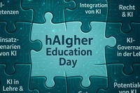 Puzzle mit „hAIgher Education Day“ und Begriffen zu KI und Bildung im Hintergrund.