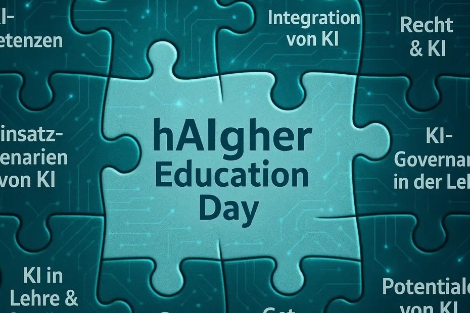 Puzzle pieces with the text "hAIgher Education Day" and various AI-related German terms around it.