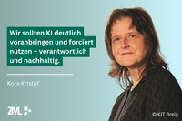 portrait of Kora Kristof, green citation box with German text "We should significantly advance AI and use it more intensively - responsibly and sustainably."