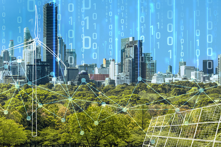 Illustration aus einer Skyline und einer Netz-Grafik. Im Vordergrund ein Park