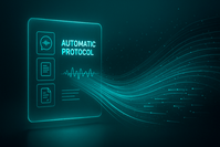 Digital illustration of "Automatic Protocol" with soundwave and document icons on a glow screen.