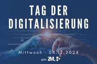 German text "Tag der Digitalisierung" (day of digitalization in teaching), in the background a picture of a roboter's and a human hand whose index fingers touch each other