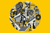 KI-generierte Illustration: Personen an der Universität nutzen künstliche Intelligenz, bauhaus style, gelb schwarz