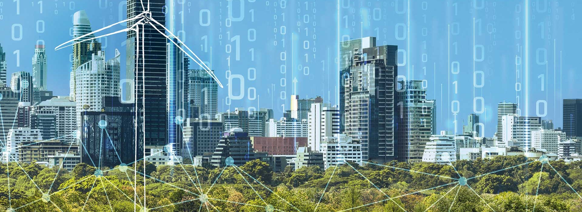 Stadtansicht mit Binärcode und Windkraft-Turbine als Symbole für digitale Vernetzung.