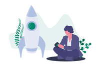 Illustration einer sitzenden Person neben einer Rakete